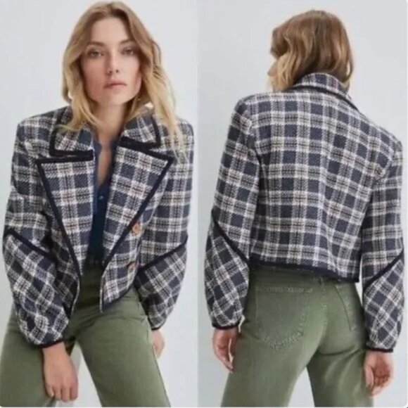 EUC Veronica Beard Aise Double Breasted Plaid Tweed Jacket Ink Multi Size 12 - Picture 10 of 10